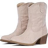 IXU Cowboy Boots for Women Wide Suede Ankle Western Cowgirl Boots Mid Calf Pointed Toe Short Chunky Classic Booties