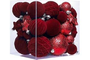 SUMPTUX 38 Pcs Burgundy Velvet Christmas Ball Ornaments, Christmas Tree Decorations with Paper Ornaments, Shatterproof Hanging Xmas Décor Set for Office Home Holiday in 3 Sizes(Small Medium Large)