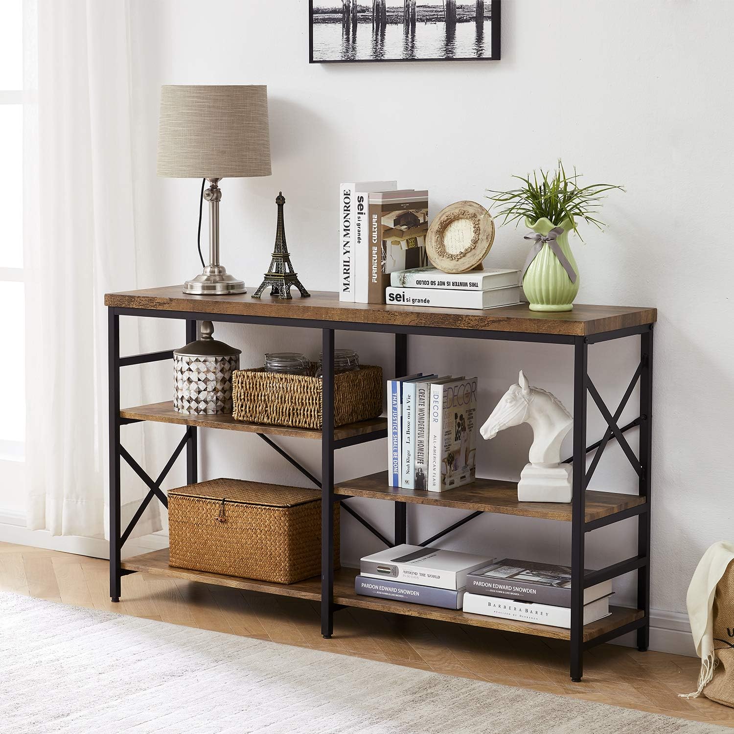 OIAHOMY Industrial Sofa Table,Console Table,3-Tier Industrial Rustic Hallway/Entryway Table,Easy Assembly,for Entryway, Living Room (Rustic Brown): Kitchen & Dining