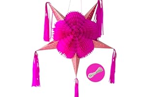 TEXMEX FUN STUFF Mexican Star Pinata (32"), Hot Pink Piñata with Rose Gold Cones and 25 ft Rope - Large Pinata for Baby/Bridal Shower, Quinceañera, Glamorous Pink Party Decoration