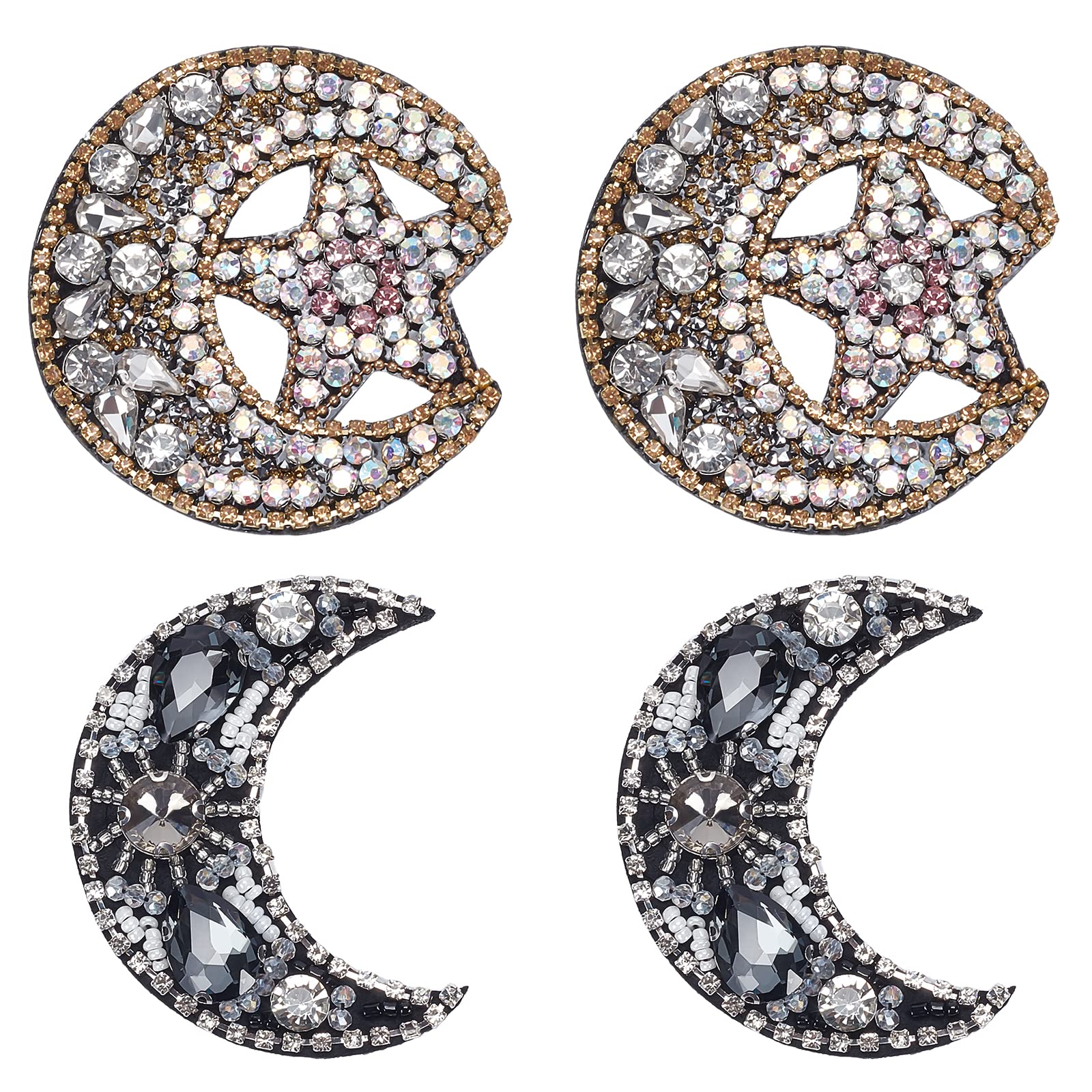 WEBEEDY 4 Pcs Moon Embroidery Rhinestone Applique Patch Sew on Crystal Beaded Appliques Decorative Badge Sewing Accessories for Clothes Bag Pants Shoes Hats DIY Craft Projects Unique Gift for Women