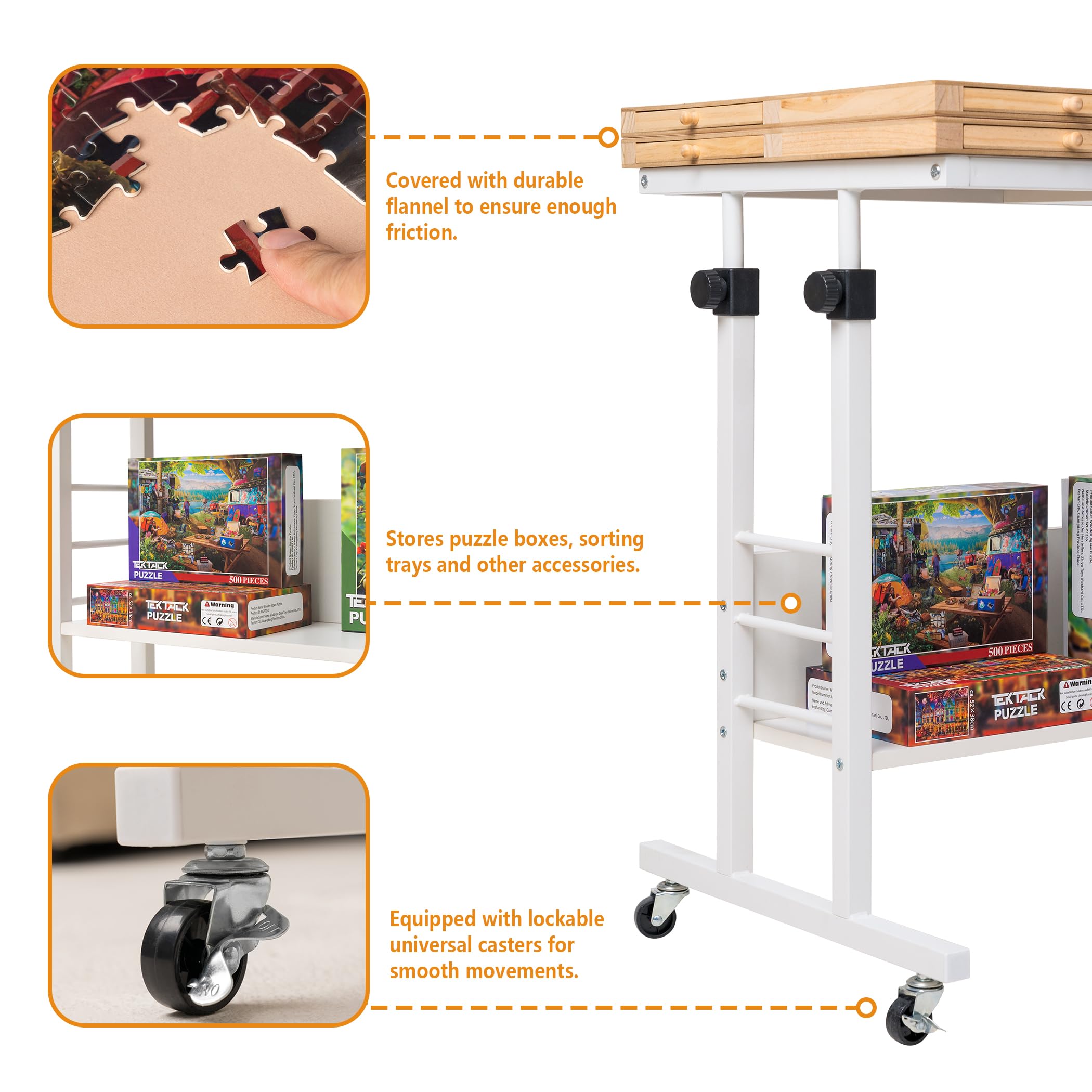Tektalk 2000 Piece Foldable Puzzle Board with Height Adjustment, Jigsaw Puzzle Table with 2 Felt Cover & 8 Sorting Trays/Drawers, Puzzle Easel with Legs, Enclosed with 4 Roller Wheels (White)