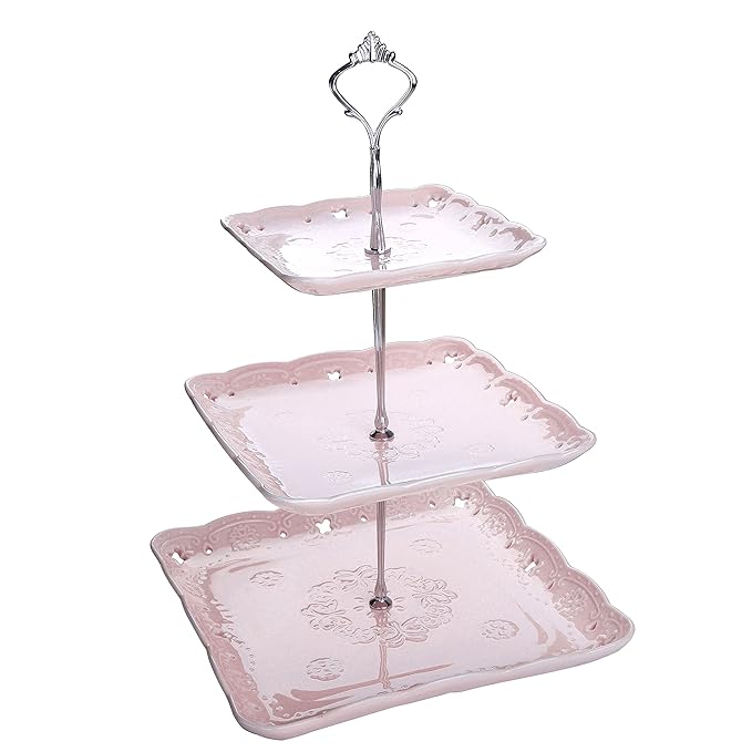 MALACASA, Serie Sweet.Time, Porzellan Etagere 3-stöckig 6,25/8,25/10 Zoll Servierständer (Rosa)