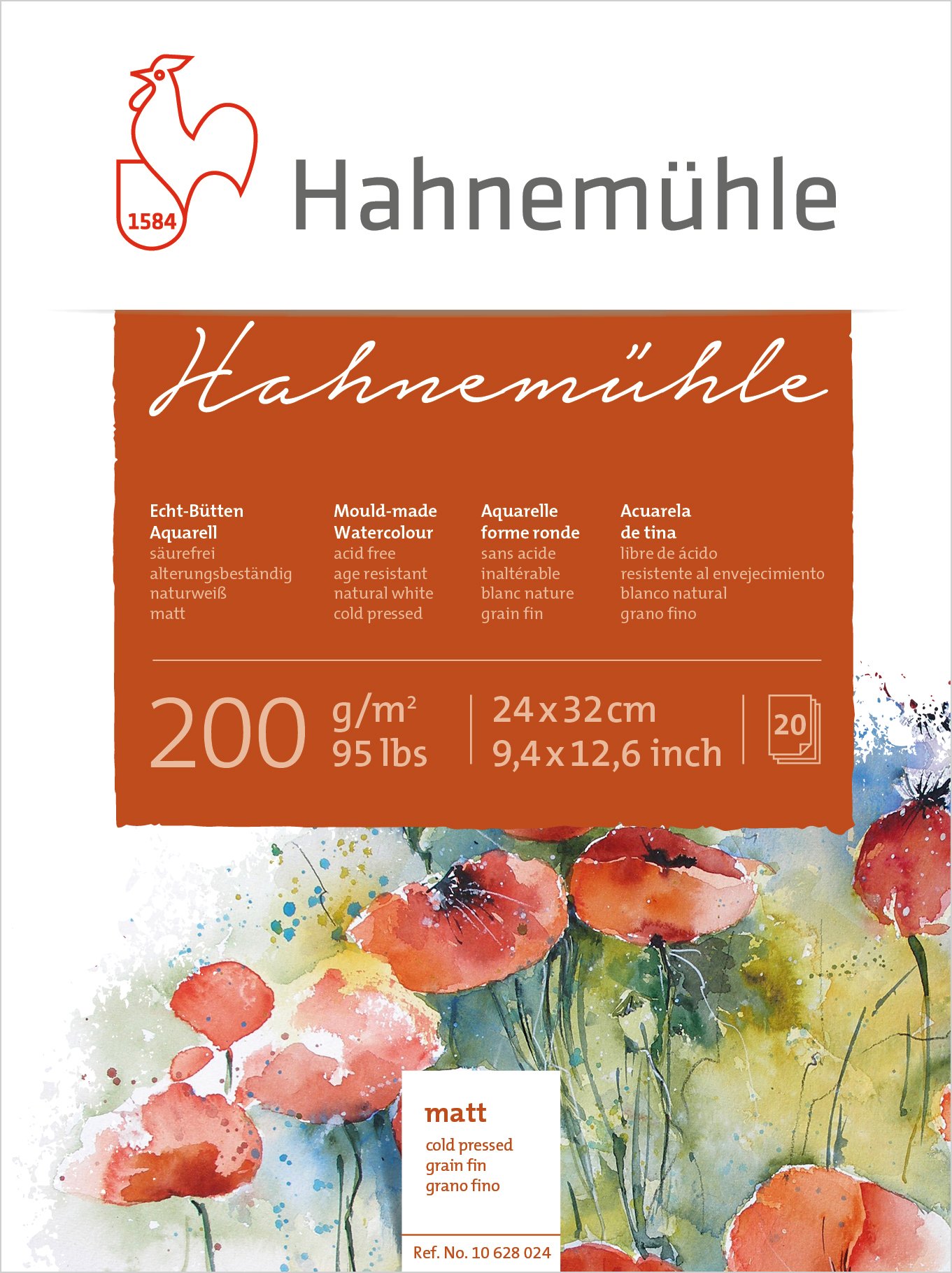 Hahnemühle Hand Made Watercolour Paper 20 Sheets 200gsm 24x32cm Fine Grain