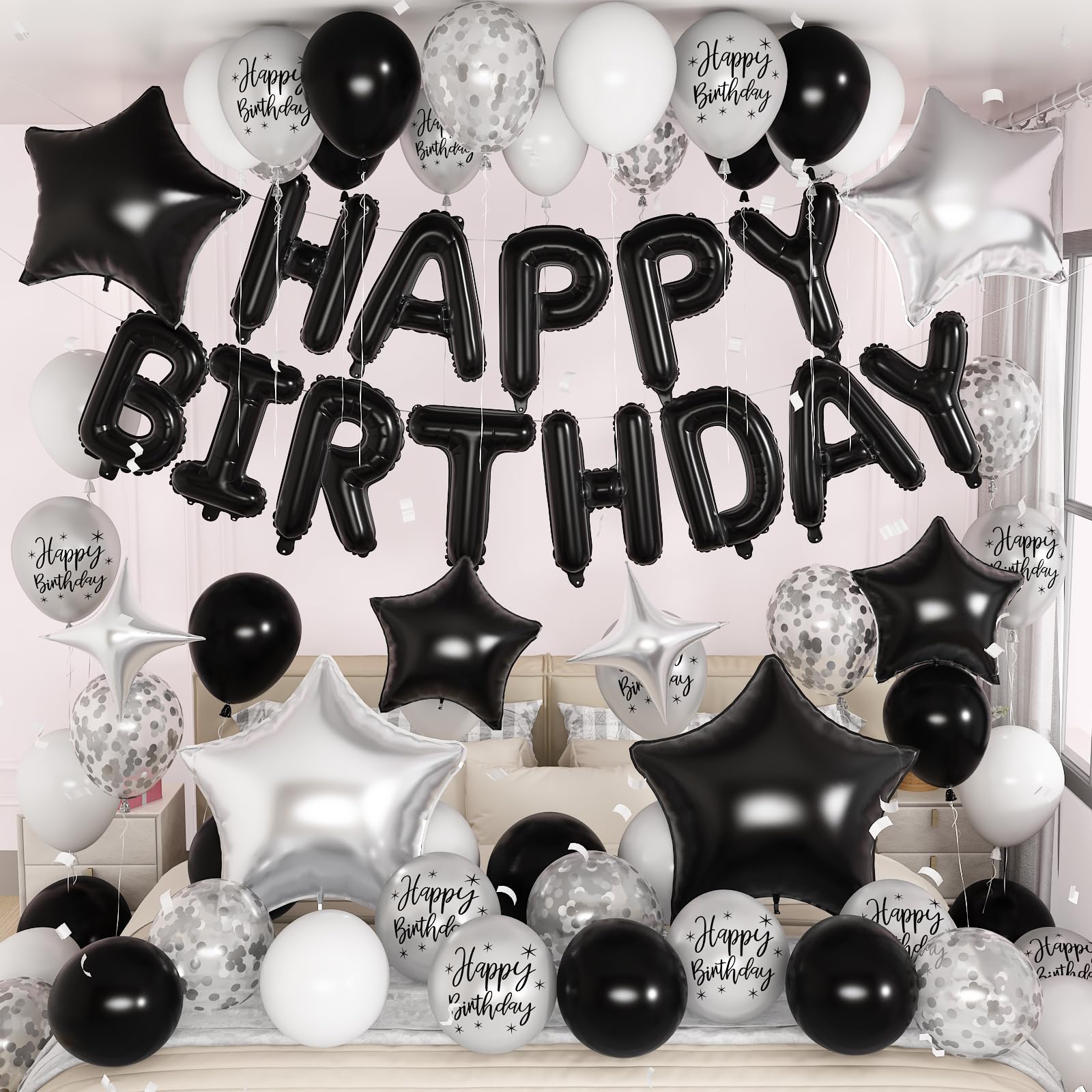 Black and Silver Birthday Decorations for White Black Silver Metallic Print Party Balloons Confetti Balloon Happy Birthday Banner 18/10 Inch Heart Balloons Star Balloon for Men Bday Party Supplies