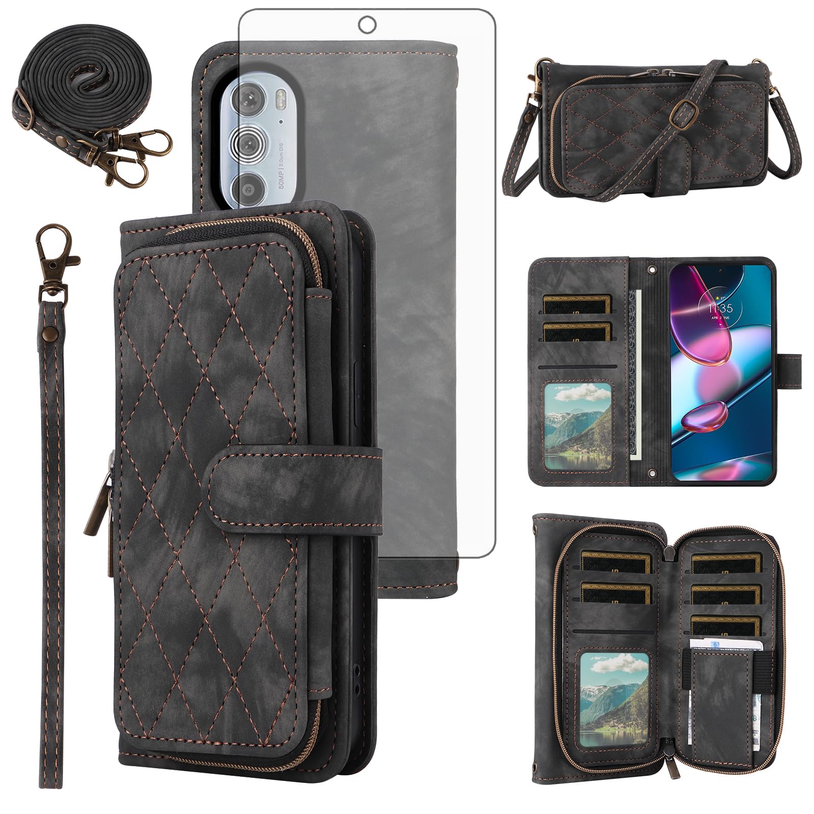 Photo 1 of Phone Case for Motorola Edge+ Plus 2022/Edge X30/30 Pro Wallet Cell Cover with Tempered Glass Screen Protector Crossbody Lanyard Strap Flip Stand Zipper Purse Card Holder Moto Edge + 5G UW Women Black