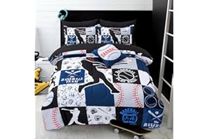 A Nice Night Sports Geometric Grid Black Patchwork Baseball Printed for Boys Twin 6Pcs Bed in A Bag Comforter Bedding Set,Blue