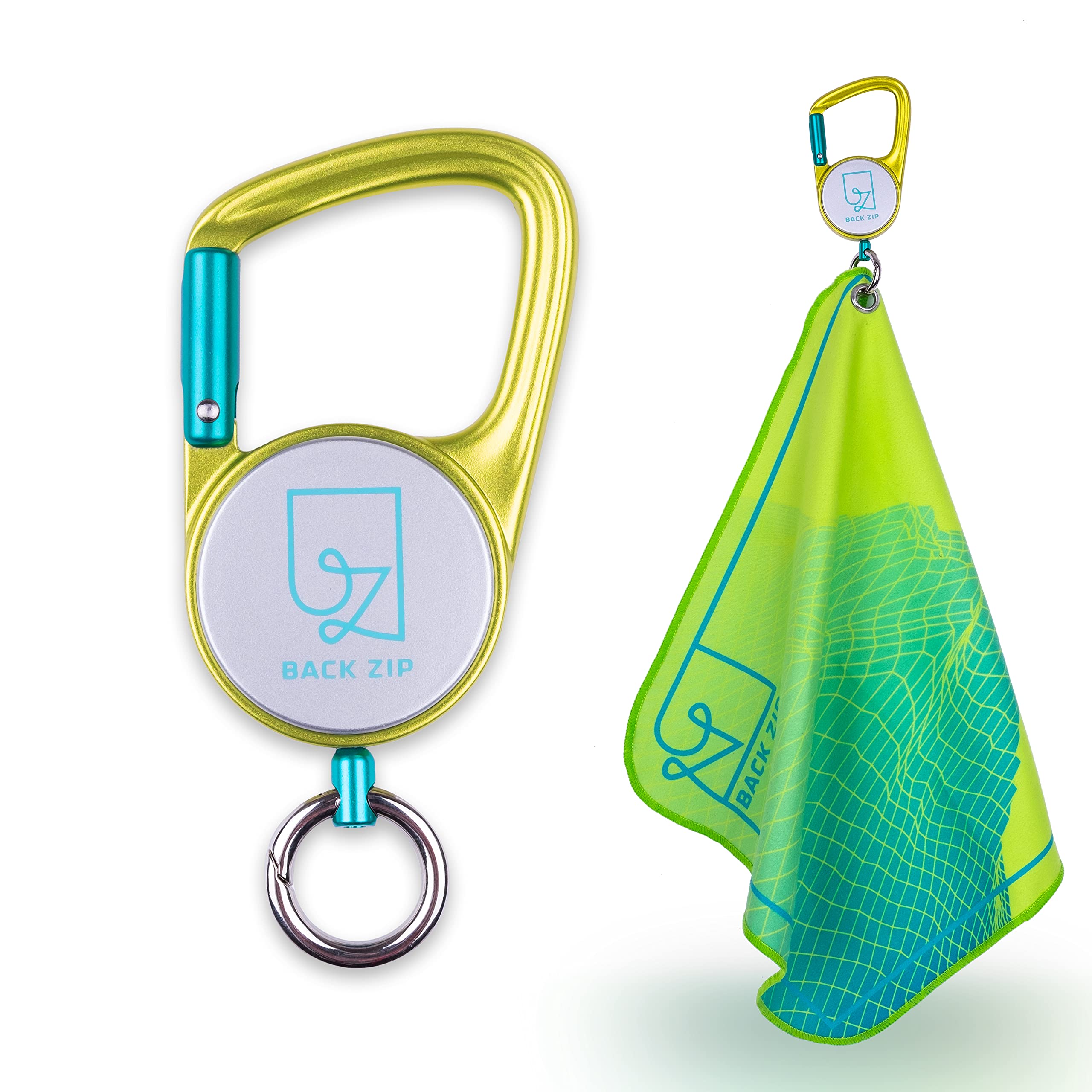 keenon sports® Multifunctional Carabiner with Retractable Pulley plus Microfibre Towel Set of 2 - Hiking, Climbing, MTB, Ski Touring - Hanging on Backpack - For Fixing the Climbing Brush (Sea)