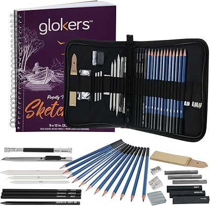 Glokers 33 Piece Drawing Art Set Drawing Sketch Pad Shading Pencils Professional Art Supplies