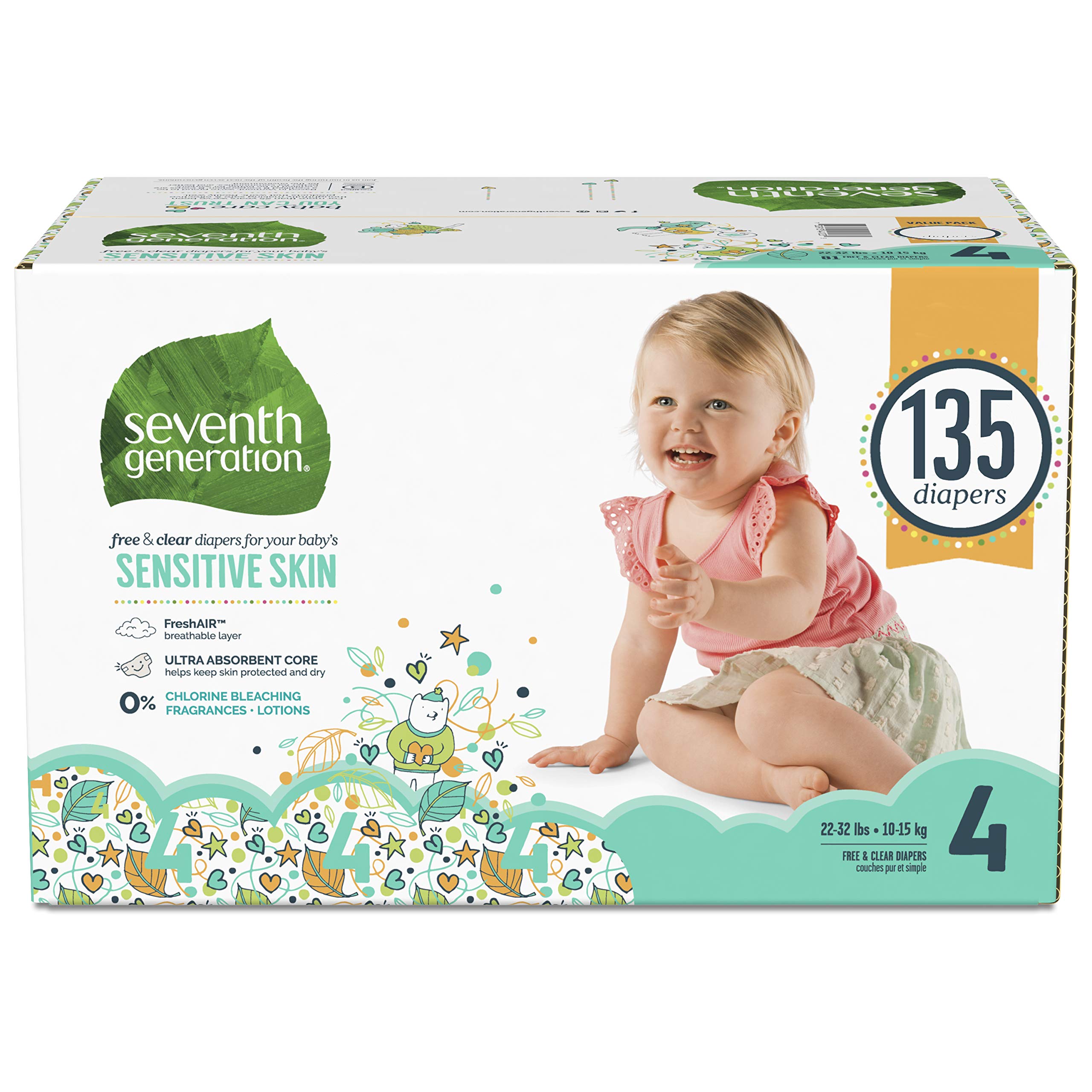 Seventh Generation Baby Diapers for Sensitive Skin, Animal Prints, Size 4, 135 count