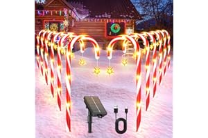 BUCASA 12 Pack Christmas Decorations Outdoor Solar Candy Cane Lights, Solar Christmas Pathway Lights with USB Charge, 10 Modes 72 LEDs Waterproof Outdoor Christmas Decorations for Garden Yard Pathway