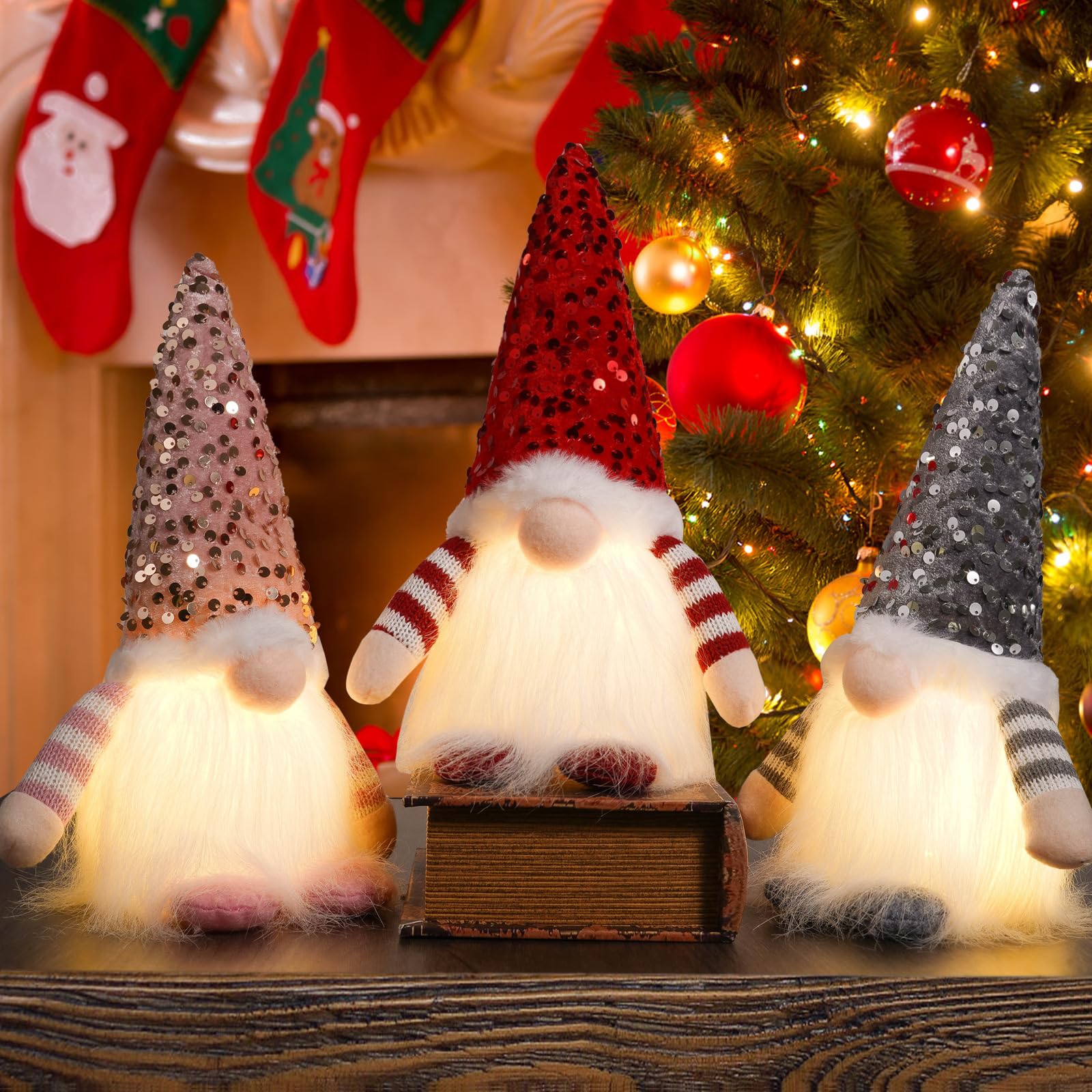 KUWUNG Light Up Gonks Christmas,3 Pack Handmade Plush Christmas Gnomes with Light,Christmás Gonk Decorátion,Swedish Gnome Christmás Decorátion,Light Up Xmas Decorations For Indoor Holiday Decor