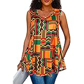 Afibi Summer Tops for Women Sleeveless V Neck Tshirt Loose Fit African Dashiki Tank Tunic Blouse