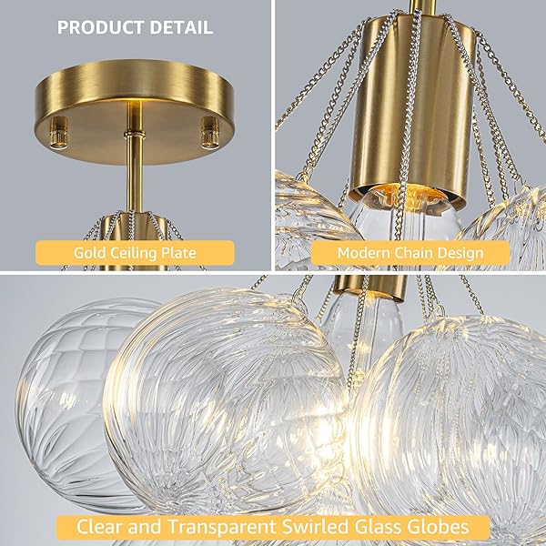 SEMI FLUSH MOUNT CHANDELIER GOLD-SPECIAL BUBBLE FLUSH MOUNT CEILING LIGHT 14.17″ MODERN MID CENTURY CEILING LIGHT FIXTURES WITH 9 CLEAR SWIRLED GLASS BALL FOR BEDROOM FOYER KITCHEN, INCLUDE E26 BLUB