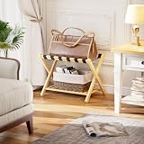 SMIBUY Luggage Rack Foldable Bamboo Stand with Storage Shelf Natural view 2