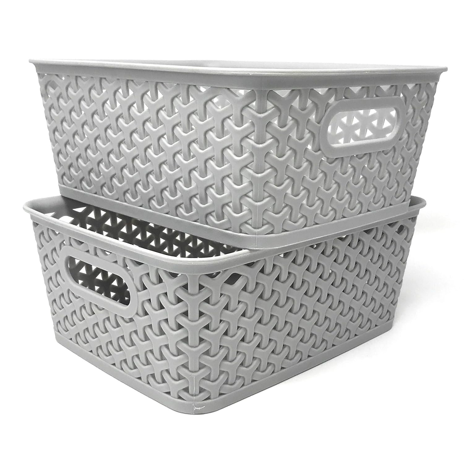 Clever Home Basket Weave Plastic Storage Bin Set of 2 (10 x 8 x 4, Light Gray) Home