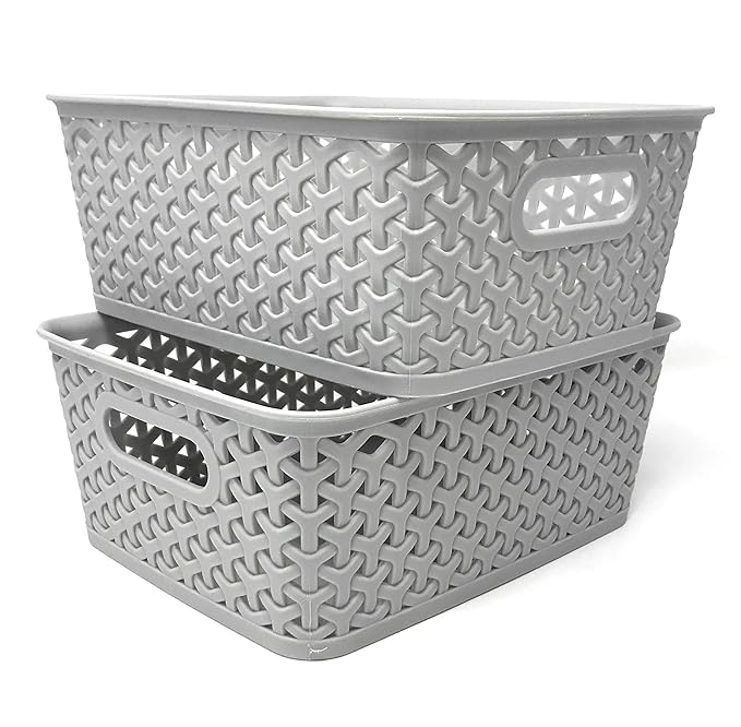 Clever Home Basket Weave Plastic Storage Bin Set of 2 (10 x 8 x 4, Light Gray) Home