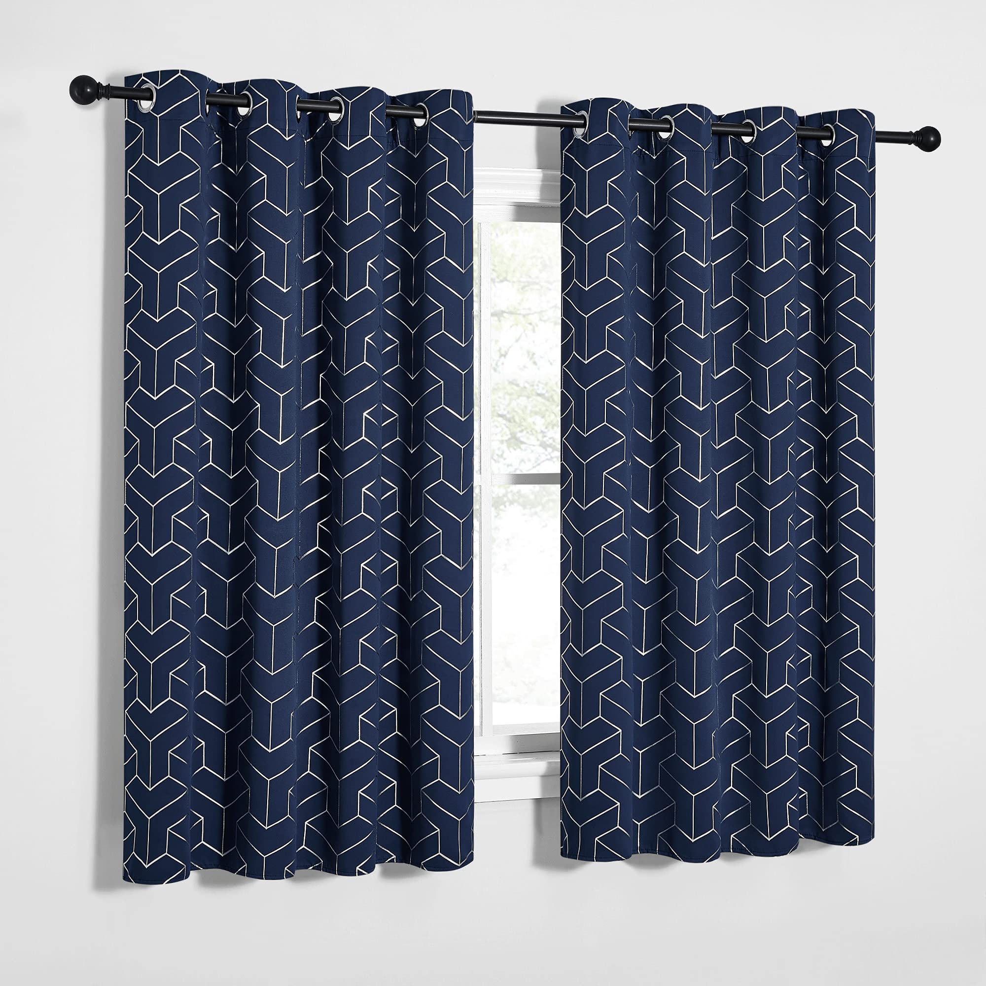 NICETOWN Blackout Curtains 63 inches Long for Bedroom, Thermal Insulated Solid Grommet Top Foil Printed Diamond Pattern Blackout Panels/Draperies for Boys Kid's Room (Navy, 1 Pair, 52 inch Width) Image