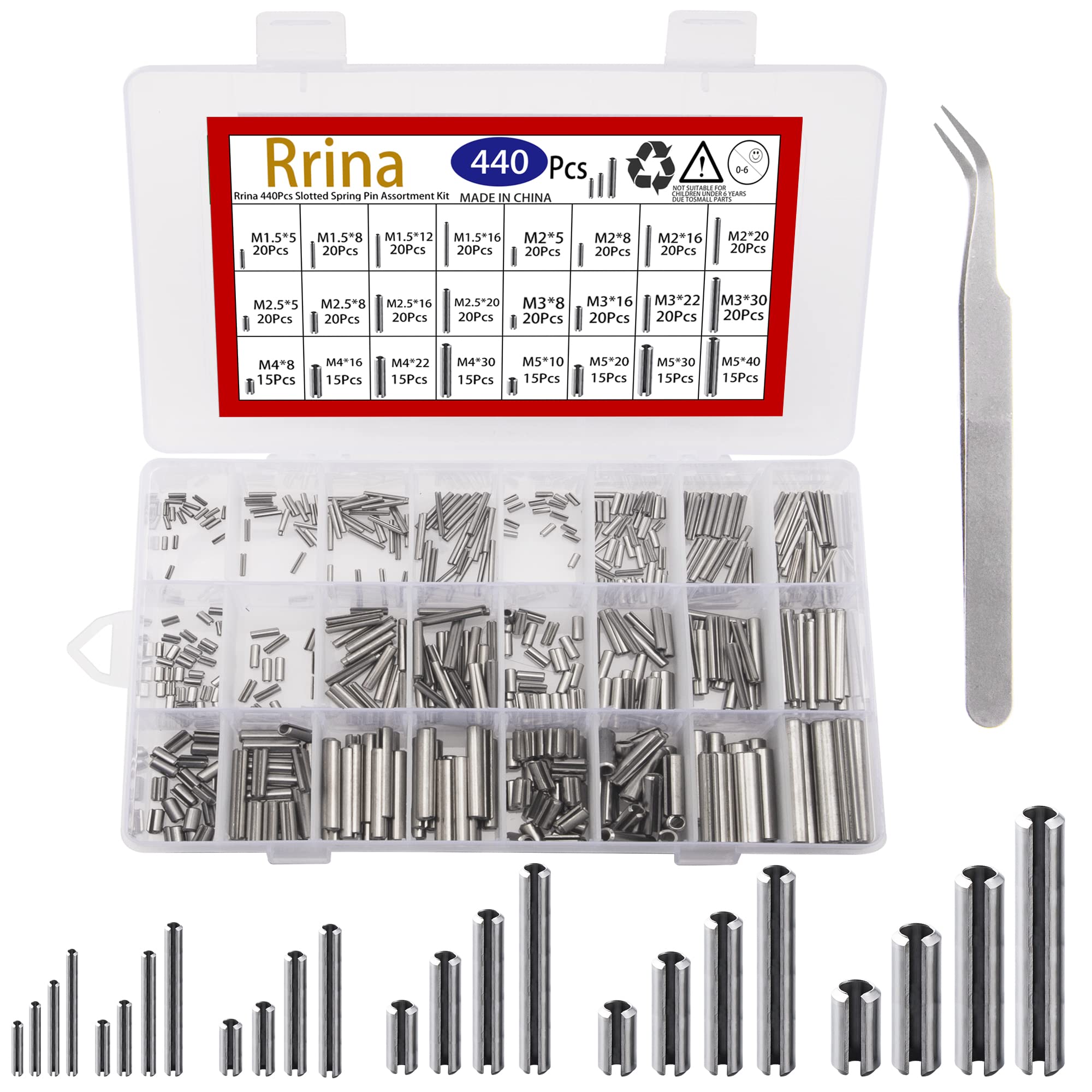 Photo 1 of Rrina 440Pcs 304 Stainless Steel Slotted Spring Pin Assortment Kit, M1.5 M2 M2.5 M3 M4 M5 Split Expansion Dowel Tension Roll Pins