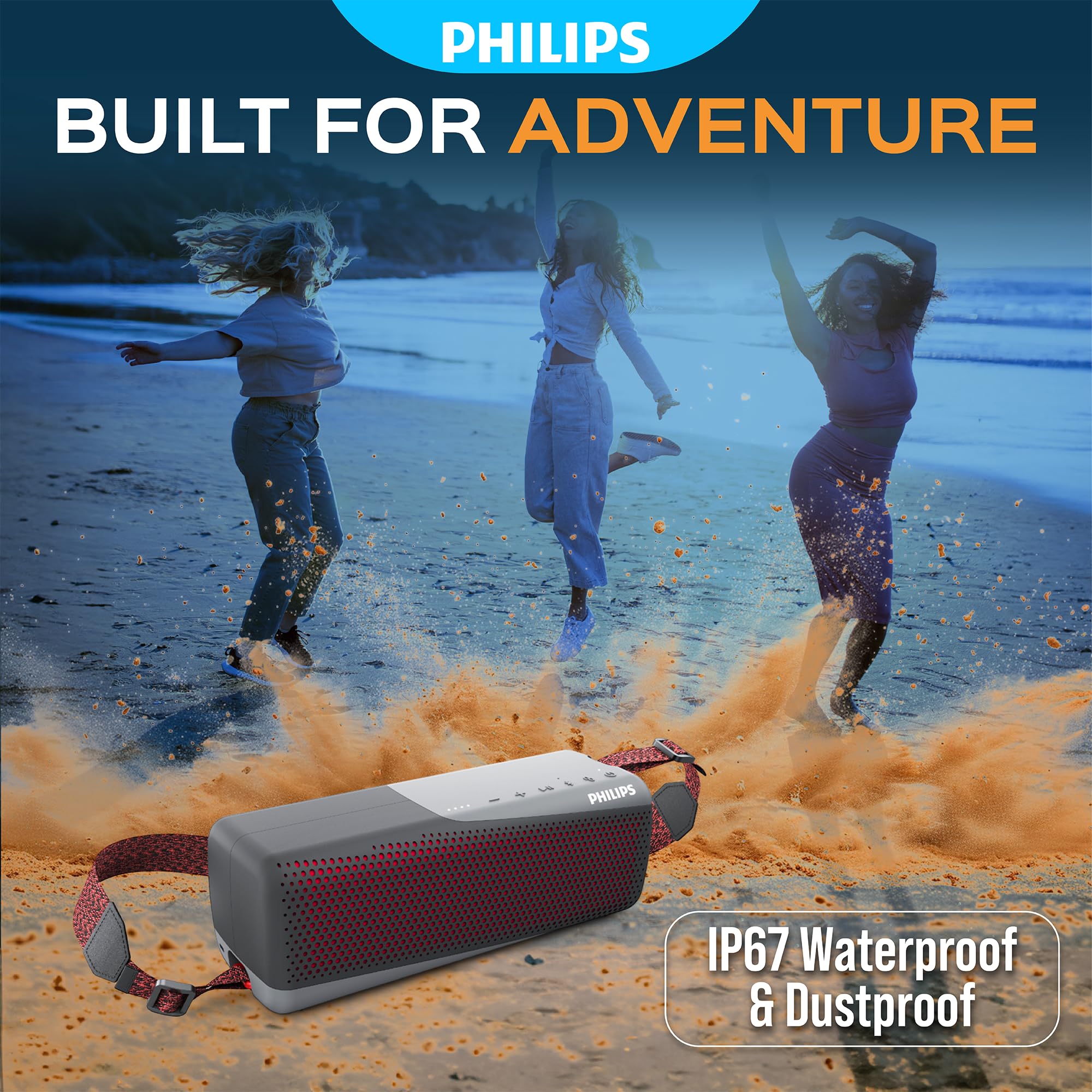 Philips S7807 Wireless Bluetooth Speaker, 7000 Series - 40W Output, IP67 Waterproof, 24-Hour Playtime, Portable with Built-in Microphone, Voice Assistant, USB-C, and Power Bank, Black