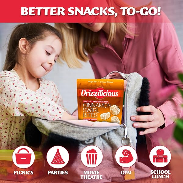 DRIZZILICIOUS MINI FLAVORED RICE CAKES CINNAMON SWIRL – RICE CRISPS, HEALTHY SNACK FOR ADULTS AND KIDS, VEGAN, GLUTEN FREE SNACK, ALLERGEN FREE, ONLY 90 CALORIES PER 21 PIECES – 4 OZ (PACK OF 1)