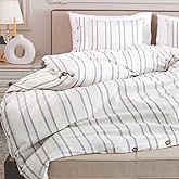 Lavien Home, 100% Cotton Duvet Cover Set, Striped with Stitch Pattern Queen Size, 3-Piece Linen Like and Washed Natural Turkish Cotton Bedding, Antique White (Hiera, Queen 90”x90”)