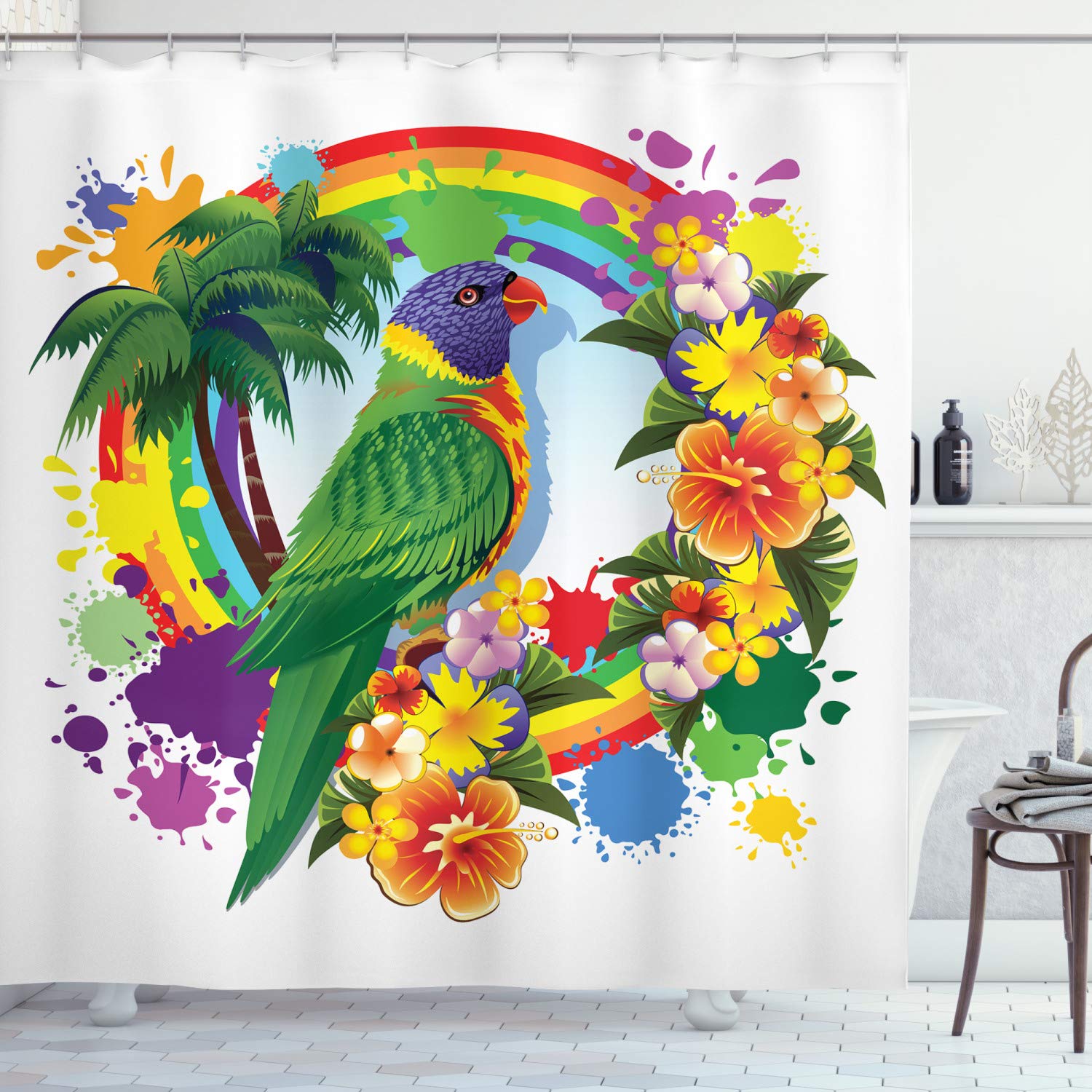 ABAKUHAUS Parrot Shower Curtain, Animal Lorikeet in Rainbow Circle Palm Trees Tropical Plants Flowers Art Print, Cloth Fabric Bathroom Decor Set with Hooks, 78 Inches, Multicolor