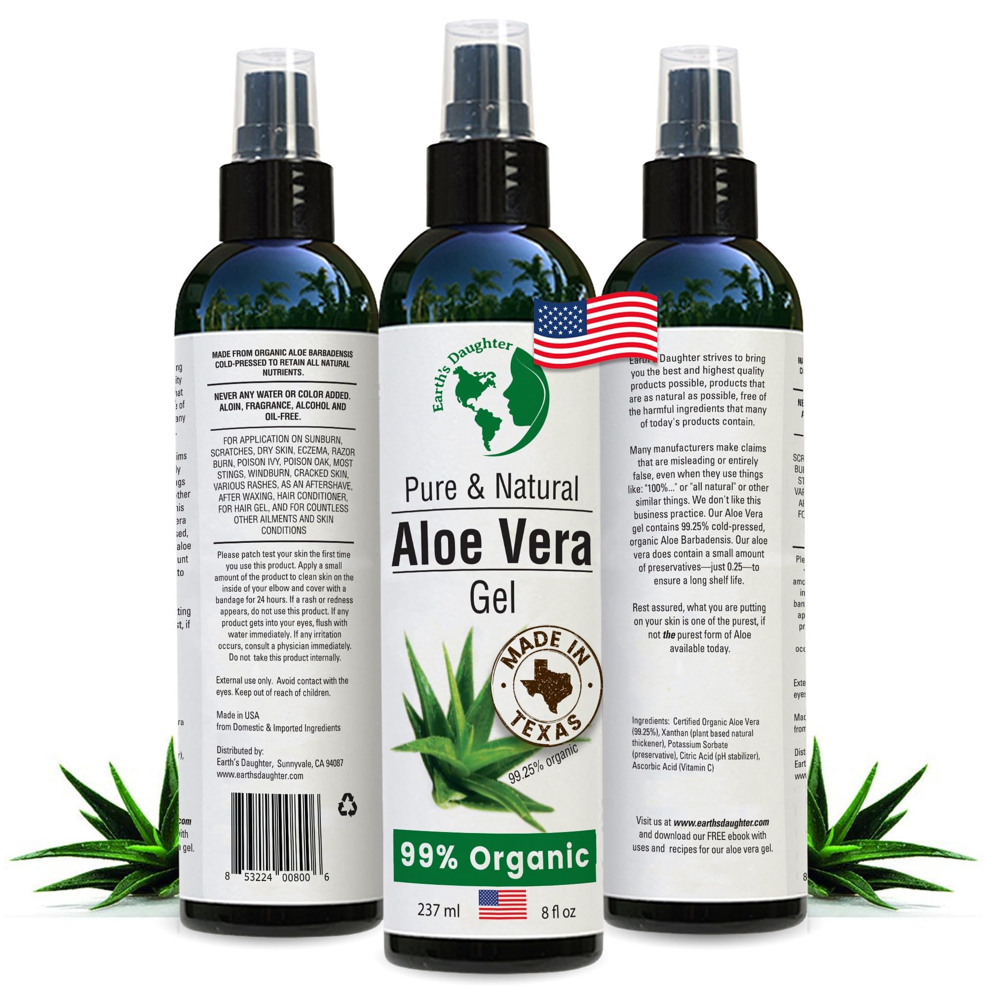 Earth's Daughter Organic Aloe Vera Gel from 100% Pure and Natural Cold Pressed Aloe - Great for Face - Hair - Acne - Sunburn - Bug Bites - Rashes - Eczema - 8 Oz.
