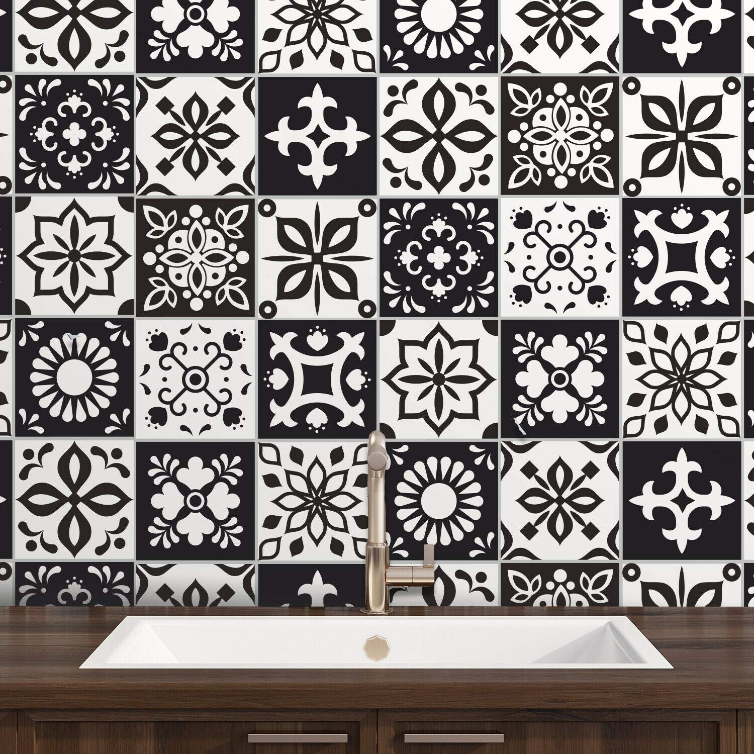 WALPLUS Black Tile Stickers Self Adhesive for Walls 15x15cm(6") Self Adhesive Wall Sticker Removable Stick on Kitchen Arjorelle Black and White Stick on Kitchen 24 Pieces