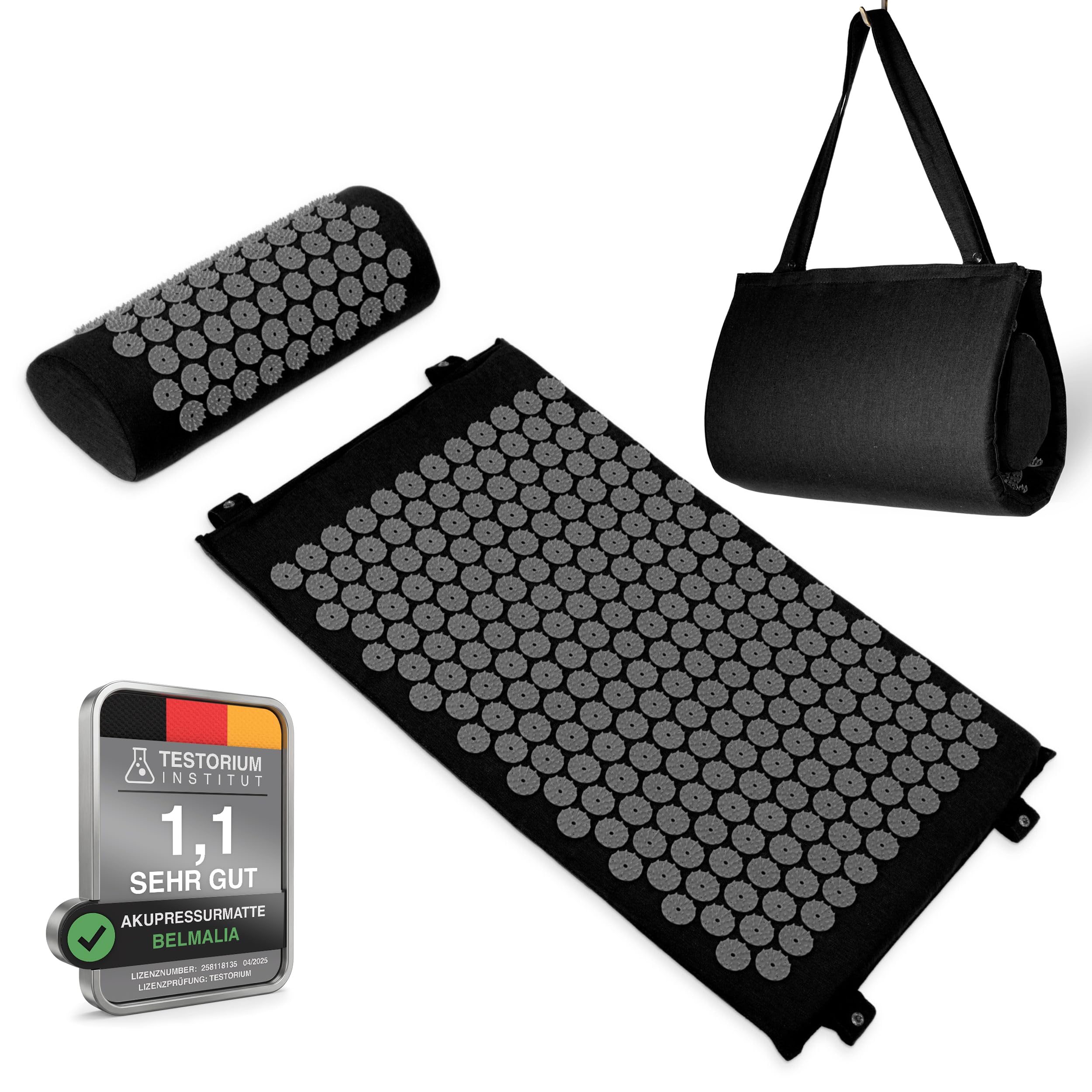 Belmalia Acupressure Set with Neck Cushion for Relaxation + Well-Being | Easy Transport Acupuncture Mat and Pillow Set | Massage Mat with Carrying Handles | Black
