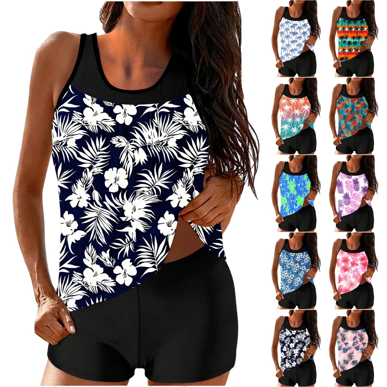 Floral Tankini Swimsuits for Women Tummy Control Bathing Suits with Shorts Two Piece Summer Vacation Beach Swimsuits