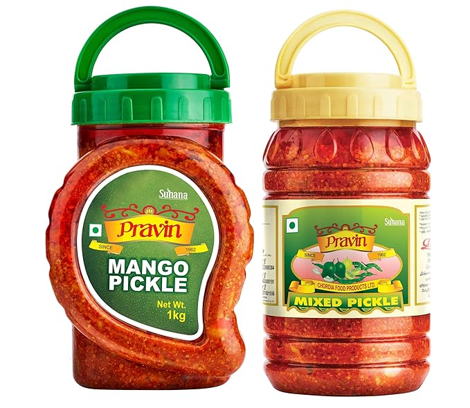 Pravin Pickles Mango Pickle 1kg Jar & Mix 1kg Pickle Jar - Combo of 2