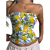 WDIRARA Women's Lemon Print Tube Crop Top Strapless Beach Vacation Bandeau Tops