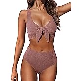 Hanna Nikole Women High Waisted Bikini Sets, Two Piece Swimsuit Tummy Control, Textured Bathing Suits, Tie Knot Swimwear