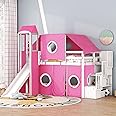 Merax Low Loft Bed Twin Size with Slide and Storage Stairs, Wood Loft Bed with Tent & Tower, for Boys & Girls, Pink