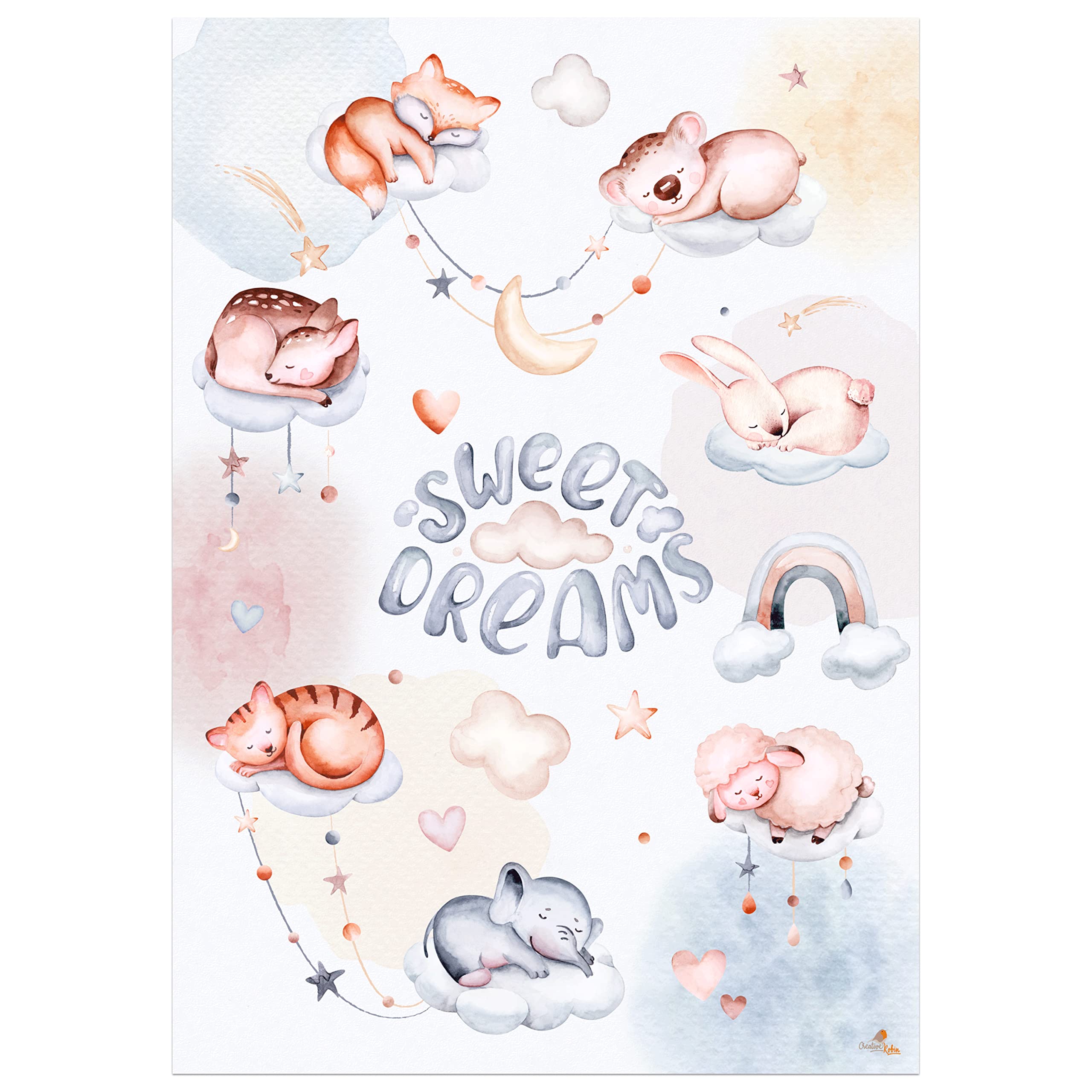 CreativeRobin Cute Dreams Poster for Children's Room with Sleeping Animals DIN A3