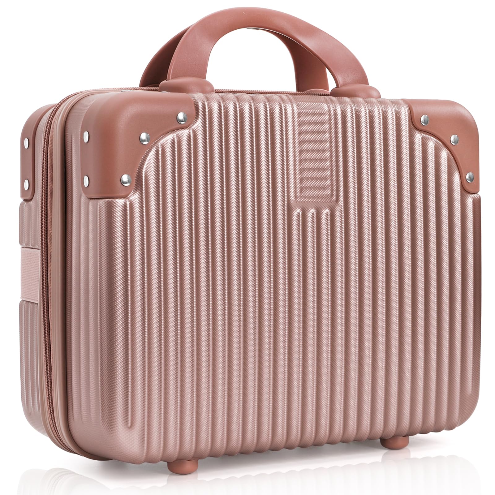 Photo 1 of Acshio Hard Shell Cosmetic Travel Case, 12 Inch Portable Travel Hand Luggage with Elastic Band, Mini ABS Carrying Makeup Case Suitcase Train Cosmetic Bag for Travel, Camping, Business Trip, Rose Gold
