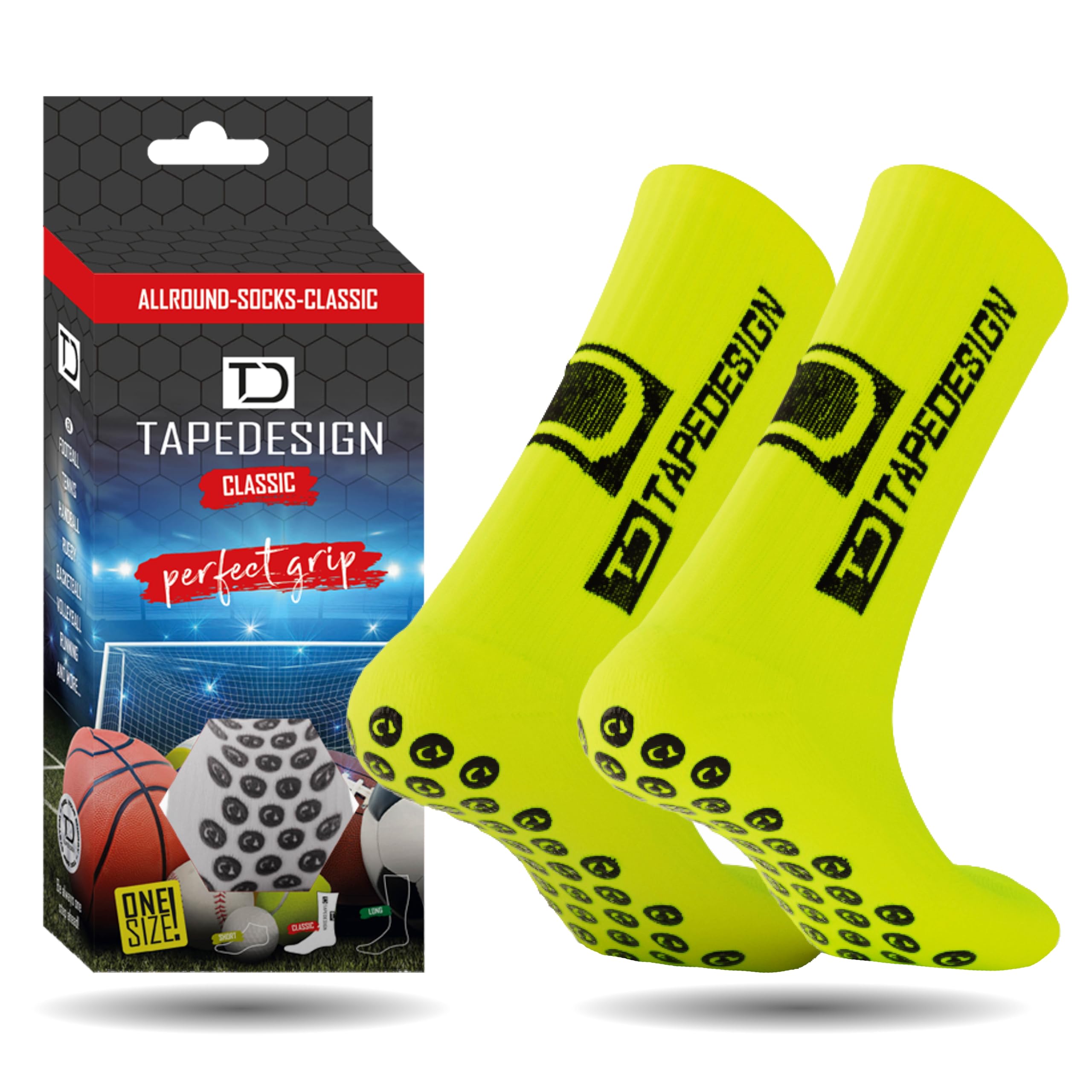 Tapedesign - "Classic 1 Pair Non-Slip Football Grip Socks Neon-Yellow (Size 5-14) Men, Women & Kids - Soccer Socks for Adults & Youth (Unisex) - Anti-Slip Sport Socks for Basketball, Tennis & Running