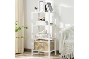 YUFAM 4 Tier Tall Wooden Bookshelf with Storage - Small White Bookcase for Small Spaces, Shelf for Living Room, Office, Bedroom, Kitchen - Industrial Modern Book Shelf