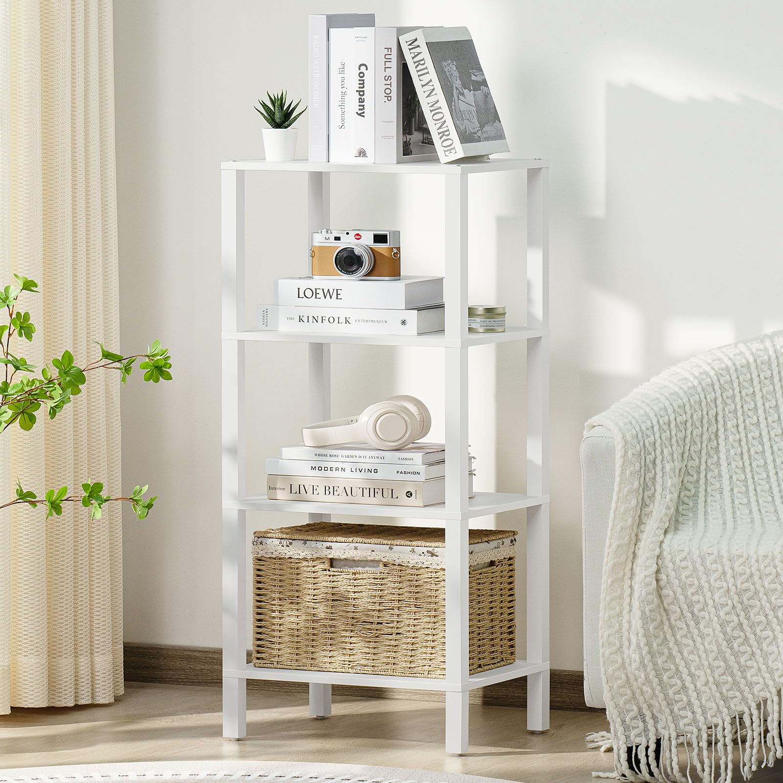Photo 1 of YUFAM 4 Tier Tall Wooden Bookshelf with Storage - Small White Bookcase for Small Spaces, Small Shelf for Living Room, Office, Bedroom, Kitchen - Industrial Modern Book Shelf