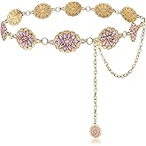 Xiokyo Bling Rhinestone Concho Belt Gold Metal Western Pink Crystal Chain Belt Sparkly Waist Chain for Women Dress