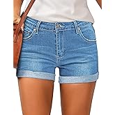 LookbookStore Women's High Waisted Rolled Hem Distressed Jeans Ripped Denim Shorts