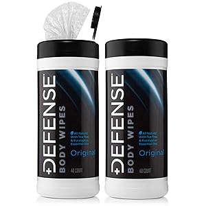 Defense Soap Body Wipes 40 Count (Pack of 2) - 100% Natural and Pure Pharmaceutical Grade Tea Tree Oil and Eucalyptus Oil Helps Wash Away Ringworm, Jock Itch, Dry Skin, Dandruff, Acne, Psoriasis