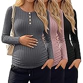 Oakgarden 3 Pack Women's Maternity Shirts Henley Long Sleeve Thermal Pregnancy Sweater Ribbed Warm Crew Neck Tops Winter