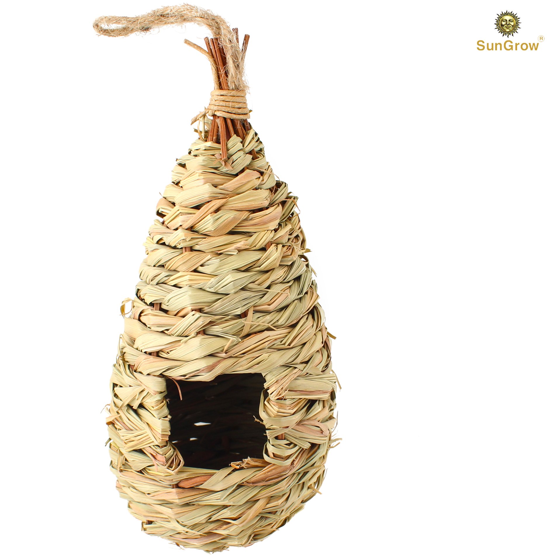 Hand-Woven Teardrop Shaped Grass Bird Hut by SunGrow - 100% Natural Fiber - Cozy resting place for birds - Provides shelter from cold weather - Bird hideaway from predators - Ideal for Finch & Canary