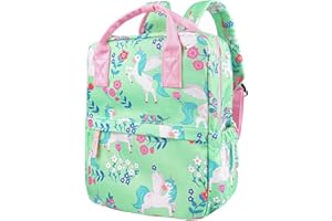 KINGCHEER Cute Preschool Backpack Toddler School Book Bag for Girls Boys Kids Kindergarten Nursery Travel Bag with Chest Strap(12inch, Green Unicorn)