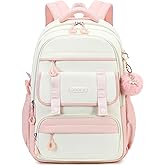 QHRIDS School Backpack for Girls, Laptop Backpack 15.6 Inch Kids Elementary Middle High School Bag Anti Theft Cute College Bookbags for Teens Girls Women Students Casual Travel Daypack,Pink Beige