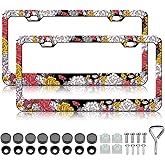 Flower License Plate Frame - 2PCS Beautiful Floral Flower Aluminum Metal License Plate Holder, Rust-Proof Waterproof Car Decorative Tag Frames