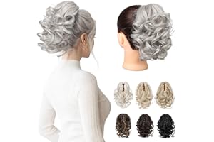 REECHO 9" Short Ponytail Extension, Classic Loose Curly Wavy Claw Clip Pony tails Hair Extensions HP001 Hairpieces for Women (Silver Grey)