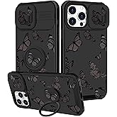 Funermei for iPhone 13 Pro Max Case - Women Girls Cute Phone Cover Girly Pretty Aesthetic Black Butterfly Unique Design with Camera Cover and Ring Stand Funda for Apple 13 Pro Max